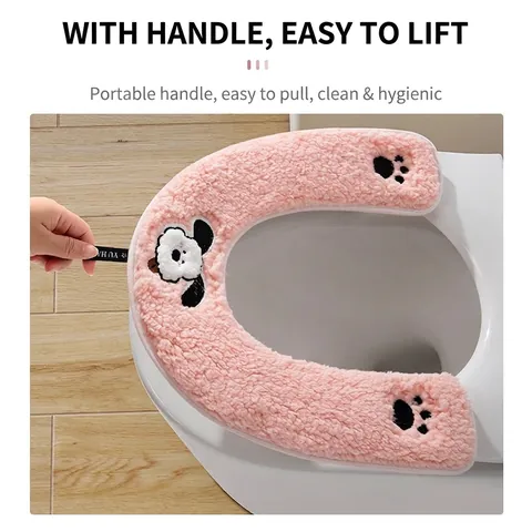 Cute Puppy Embroidered Toilet Seat Cover Winter Warm Plush Toilet Cushion with Handle Washable U-Shaped Bathroom Decor