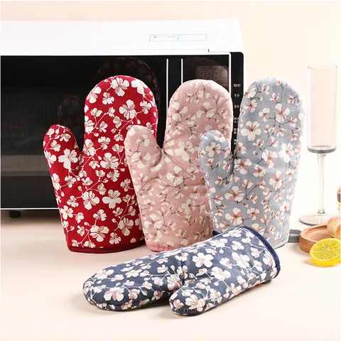 Heat Resistant Oven Mitts and Pot Holders Set Thickened Polyester Cotton Floral Printed Non-Slip Kitchen Gloves for Baking