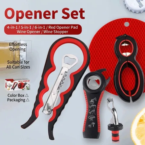 6-in-1 Multi-function Manual Kitchen Bottle Opener Set Plastic Can Opener Jar Lid Gripper Tool With Non-slip Handle Red Black