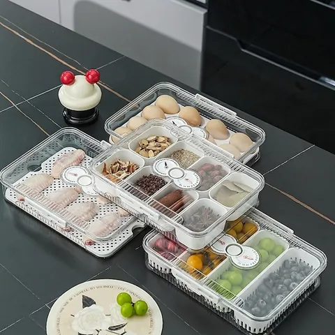 Stackable Refrigerator Food Storage Box With Timer Lid Food Grade PET Divided Fresh-keeping Container For Egg Fruit Kitchen