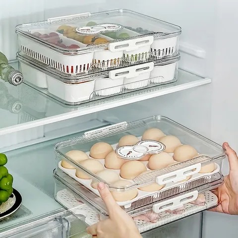 Stackable Refrigerator Food Storage Box With Timer Lid Food Grade PET Divided Fresh-keeping Container For Egg Fruit Kitchen