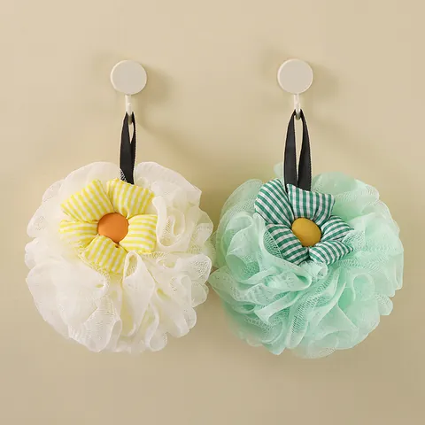 Sunflower Shape Bath Loofah Soft Rayon Mesh Shower Ball with Hanging Rope Gingham Pattern Bath Sponge for Home Bathroom