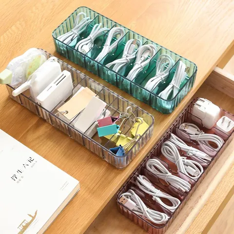 Multi-functional Plastic Data Cable Storage Box Desktop Drawer Organizer Striped Design Sundries Management Case For Office Home