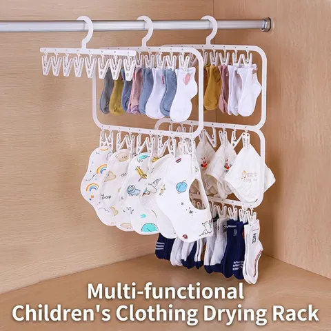 Folding Balcony Sock Drying Rack Multi-functional Plastic Clothes Hanger Strong Windproof Clips Laundry Hanger For Baby Clothes Socks Underwear