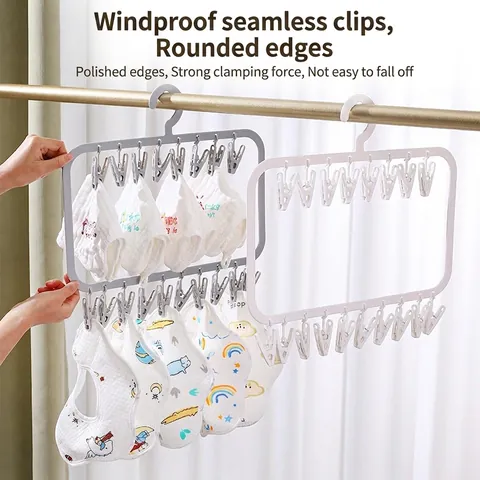 Folding Balcony Sock Drying Rack Multi-functional Plastic Clothes Hanger Strong Windproof Clips Laundry Hanger For Baby Clothes Socks Underwear