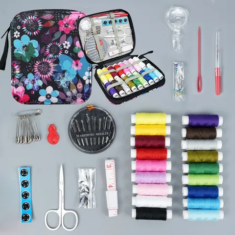 Kit de Couture Portable Avec Sac à Fermeture Éclair Imprimé Floral Fil Multicolore Aiguilles Ciseaux Accessoire de Couture DIY pour Maison Voyage