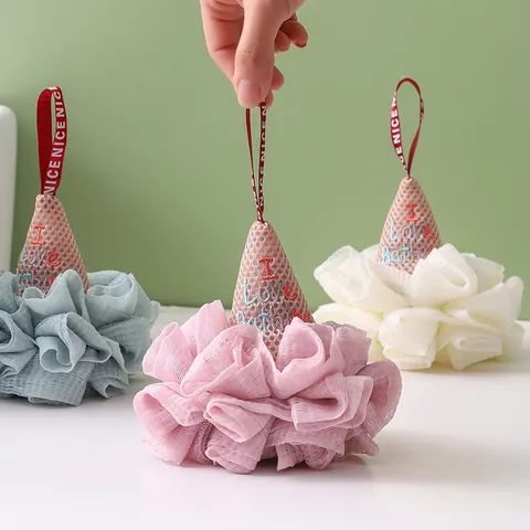 Ice Cream Shaped Bath Ball PE Mesh Shower Sponge Scrubber With Hanging Rope For Body Cleaning Exfoliating Bathroom Accessories