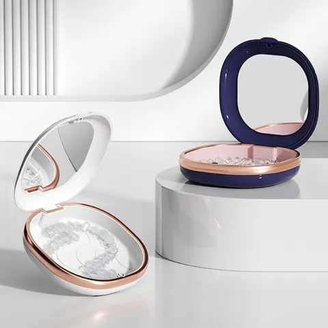 Custodia Portatile Per Protesi Dentarie Con Specchio Bordo Oro Rosa Contenitore Impermeabile Per Apparecchi Per Viaggi Casa