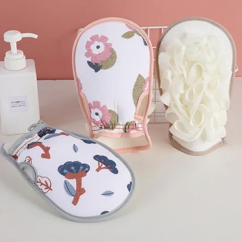 Double Sided Printed Exfoliating Bath Mitt and Back Scrubber with Bath Flower Mesh Soft Skin Friendly Shower Glove For Adults