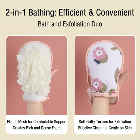 Double Sided Printed Exfoliating Bath Mitt and Back Scrubber with Bath Flower Mesh Soft Skin Friendly Shower Glove For Adults