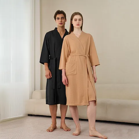 Peignoir Unisexe en Tissage Gaufre Léger Absorbant Robe de Spa Hôtel Col en V Lien à Nouer Pyjama Respirant Vêtements de Nuit Pour Hommes Femmes
