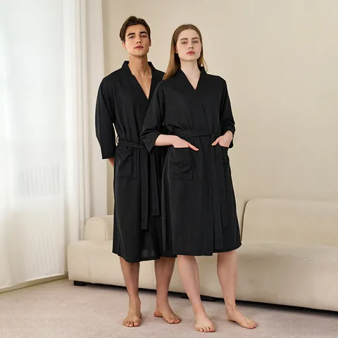 Peignoir Nid d'Abeille Polyester Été Mince Absorbant Séchage Rapide Vêtements de Nuit pour Hommes Femmes Col en V avec Ceinture Poche