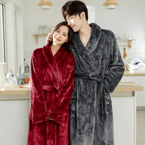 Winter Thick Flannel Robe For Couples Long Warm Fleece Sleepwear With Pockets And Belt Kimono Bathrobe Home Leisure Robe