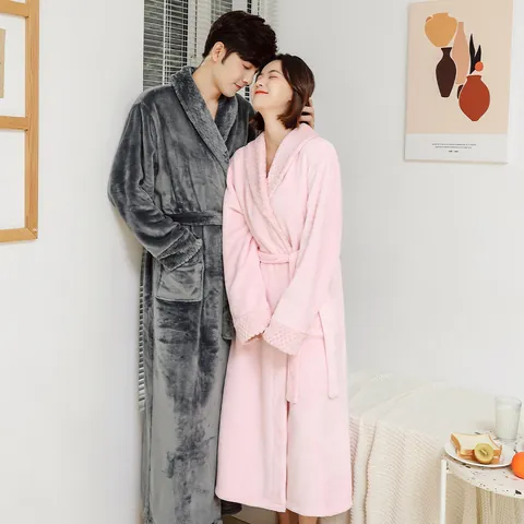 Winter Thick Flannel Robe For Couples Long Warm Fleece Sleepwear With Pockets And Belt Kimono Bathrobe Home Leisure Robe