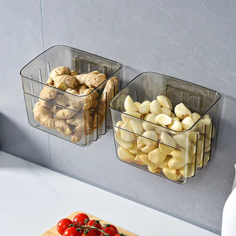 Wall Mounted Kitchen Storage Basket Transparent PET Ginger Garlic Storage Box With Adhesive Hook No Drill Hanging Basket