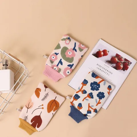 Floral Print Double-Sided Scrubbing Bath Mitt Cotton Body Exfoliating Gloves Romantic Autumn Style Shower Scrubber For Women Men