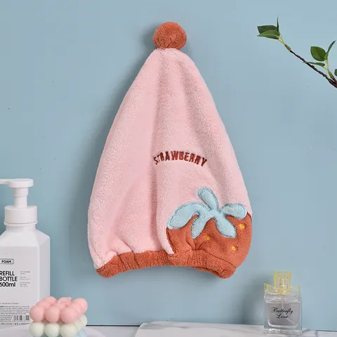 Cute Strawberry Embroidered Hair Drying Hat Absorbent Microfiber Turban Quick Dry Shower Cap Soft Coral Fleece Hand Towel For Women Girl