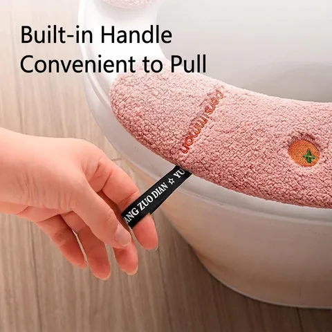 Universal Thickened Plush Toilet Seat Cover Self-Adhesive Washable Warm Toilet Seat Mat With Persimmon Embroidery For Bathroom