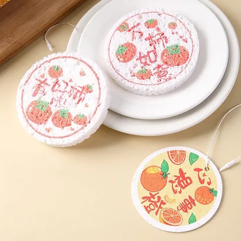 Wood Pulp Cotton Cleaning Sponge Round Compressed Dishwashing Pad With Lanyard For Kitchen Pot Pan Cleaning Oil Removal Scouring Pad