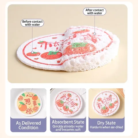 Wood Pulp Cotton Cleaning Sponge Round Compressed Dishwashing Pad With Lanyard For Kitchen Pot Pan Cleaning Oil Removal Scouring Pad