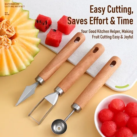 Cortador de Sandía de Acero Inoxidable Cuchillo de Tallar Con Mango de Haya Utensilios de Cocina para Bandejas de Frutas