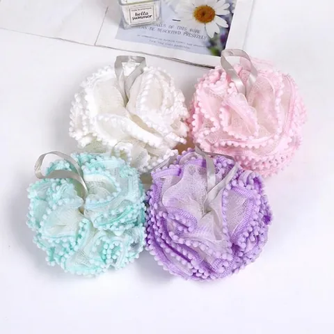Soft Rayon Bath Ball Mesh Shower Loofah Sponge Rich Foaming Body Scrubber With Ribbon Lanyard For Bathroom Women Men