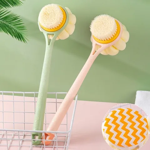 Double Sided Long Handle Bath Brush Soft Bristles Shower Scrubber With Mesh Ball For Deep Back Cleaning Massage Body Accessory