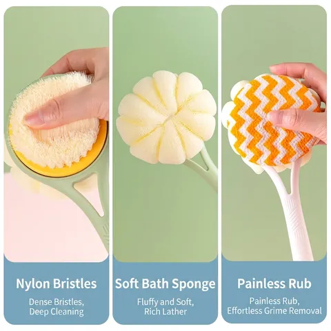 Double Sided Long Handle Bath Brush Soft Bristles Shower Scrubber With Mesh Ball For Deep Back Cleaning Massage Body Accessory