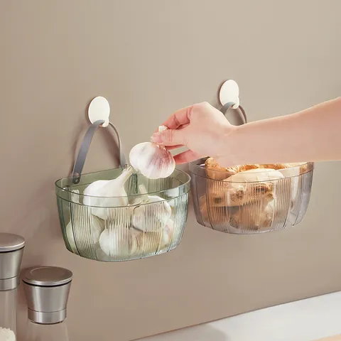 Wall Mounted Storage Basket PET Plastic Vertical Stripe Organizer For Ginger Garlic Kitchen Bathroom De-cluttering With Handle