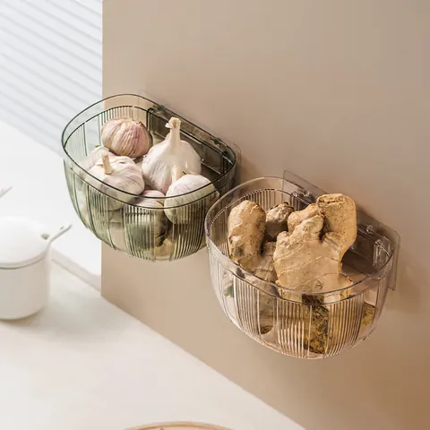 Wall Mounted Storage Basket PET Plastic Vertical Stripe Organizer For Ginger Garlic Kitchen Bathroom De-cluttering With Handle