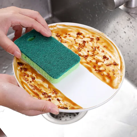 Double Sided Kitchen Cleaning Sponge With Hanging Hole Wood Pulp Material For Dishwashing Scouring Pad Pot Pan Oil Removal