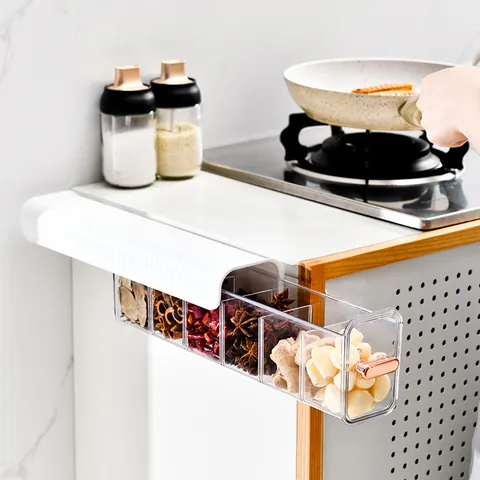Wall Mounted 6 Grids Spice Box Set Drill-Free Kitchen Storage Drawer Transparent Seasoning Jars Rack With Gold-Plated Handle