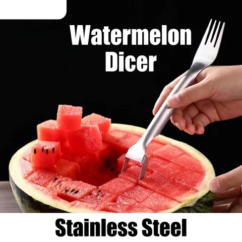 304 Stainless Steel Watermelon Cutter Fork 2-in-1 Design Fruit Slicer Square Dicing Tool Portable Reusable Kitchen Utensil For Salad Fruit