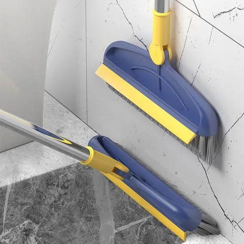 Long Handle Floor Scrub Brush 2 in 1 Grout Cleaning Brush with Squeegee 180 Swivel V-Shape Bristles for Bathroom Tile Floor Kitchen Corner
