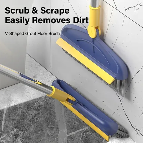 Long Handle Floor Scrub Brush 2 in 1 Grout Cleaning Brush with Squeegee 180 Swivel V-Shape Bristles for Bathroom Tile Floor Kitchen Corner