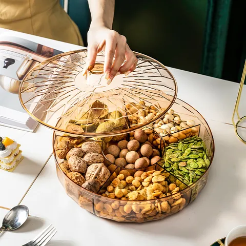 European Style Divided Fruit Plate With Lid PET Plastic Nut Storage Tray For Living Room Coffee Table Wedding New Year Gift