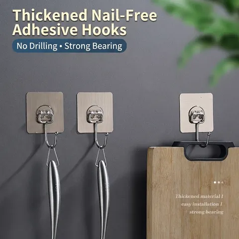 Stainless Steel Adhesive Hooks Brushed Metal Wall Hooks No Drill Heavy Duty Waterproof Hooks For Kitchen Bathroom Storage