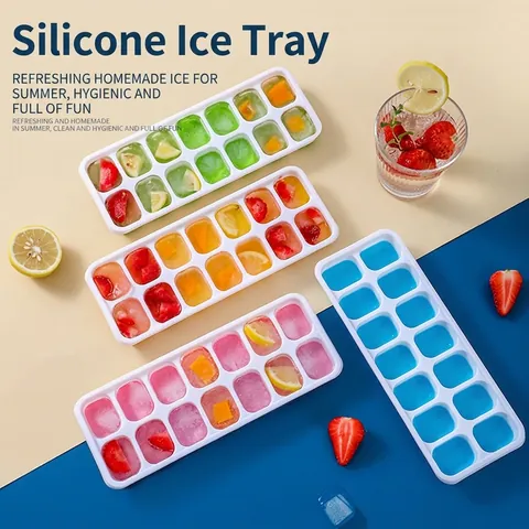 14 Grids Square Silicone Ice Cube Tray With Lid Soft Bottom Easy Release Food Grade DIY Plastic Ice Mold For Kitchen Home Drinks