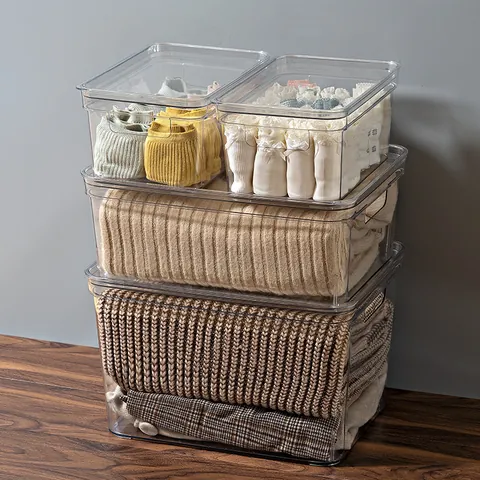Transparent PET Storage Box With Lid Stackable Home Kitchen Closet Clothes Snack Organizer Clear Plastic Desktop Box