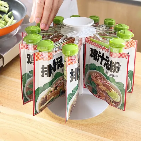 Rotating Spice Bag Storage Rack With Clips Kitchen Countertop Seasoning Organizer Holder 360 Degree Spinning Plastic Stand