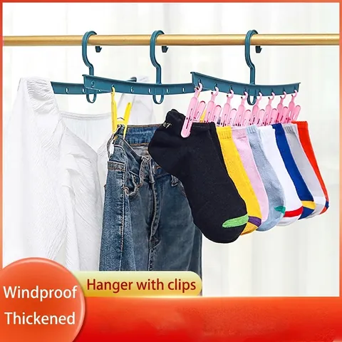 Plastic I-Shaped Sock Hanger with Windproof Clips Multi-Clip Underwear Drying Rack Space Saving Laundry Pegs for Baby Clothes