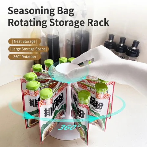 Rotating Spice Bag Storage Rack With Clips Kitchen Countertop Seasoning Organizer Holder 360 Degree Spinning Plastic Stand