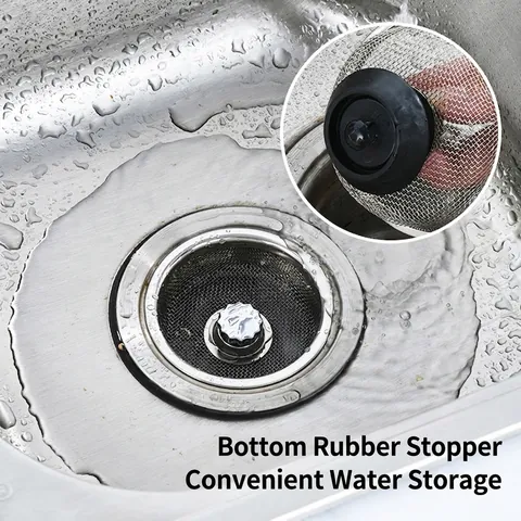 Stainless Steel Kitchen Sink Strainer Mesh Filter Basket With Movable Handle Rubber Plug Drain Anti-Clogging Sink Stopper