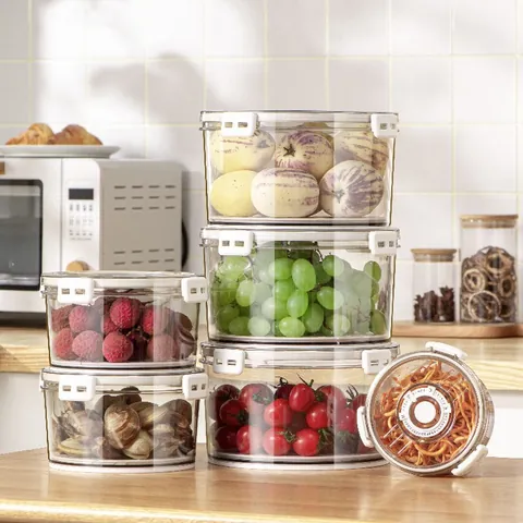 Transparent PET Fridge Storage Box with Timing Lid and Drain Tray Refrigerator Food Container for Vegetable Fruit Kitchen Organization