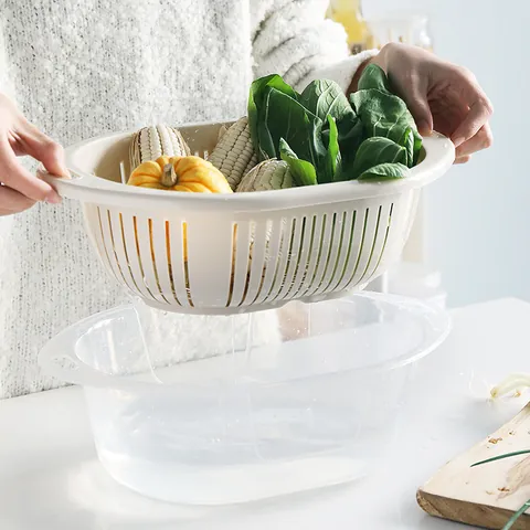 Double Layer Plastic Kitchen Draining Basket With Lid Food Storage Container Rectangular Vegetable Fruit Washing Basket Fridge Organizer Case