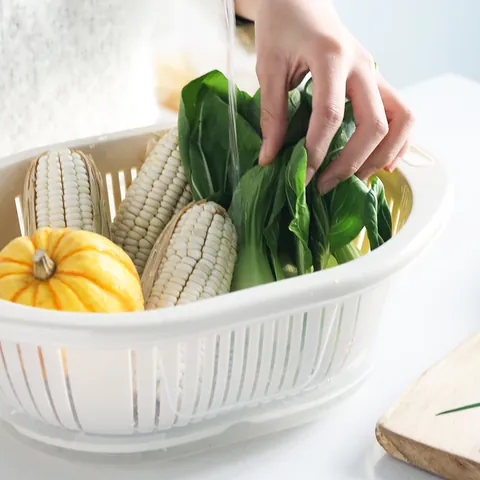 Double Layer Plastic Kitchen Draining Basket With Lid Food Storage Container Rectangular Vegetable Fruit Washing Basket Fridge Organizer Case