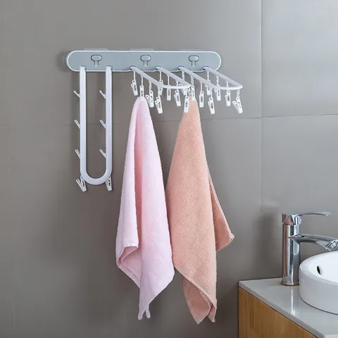 Wall Mounted Foldable Sock Rack One-Press Drying Hanger With Multi Clips For Underwear Towels Space Saving Plastic Laundry Storage Rack