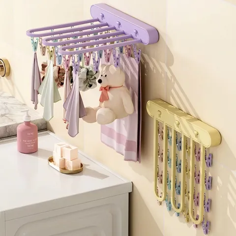 Wall Mounted Foldable Sock Rack One-Press Drying Hanger With Multi Clips For Underwear Towels Space Saving Plastic Laundry Storage Rack