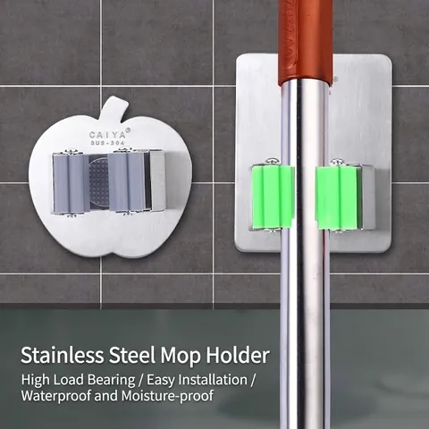 Brushed 304 Stainless Steel Mop Holder Rack Wall Mounted Broom Organizer Clip Punch-Free Storage Hook For Bathroom Kitchen