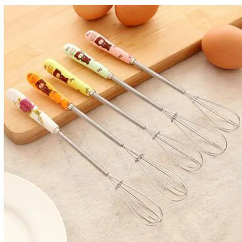 Manual Whisk With Ceramic Handle Stainless Steel Egg Beater Cartoon Bear Pattern Kitchen Baking Tool Mini Cream Butter Stirrer Blender